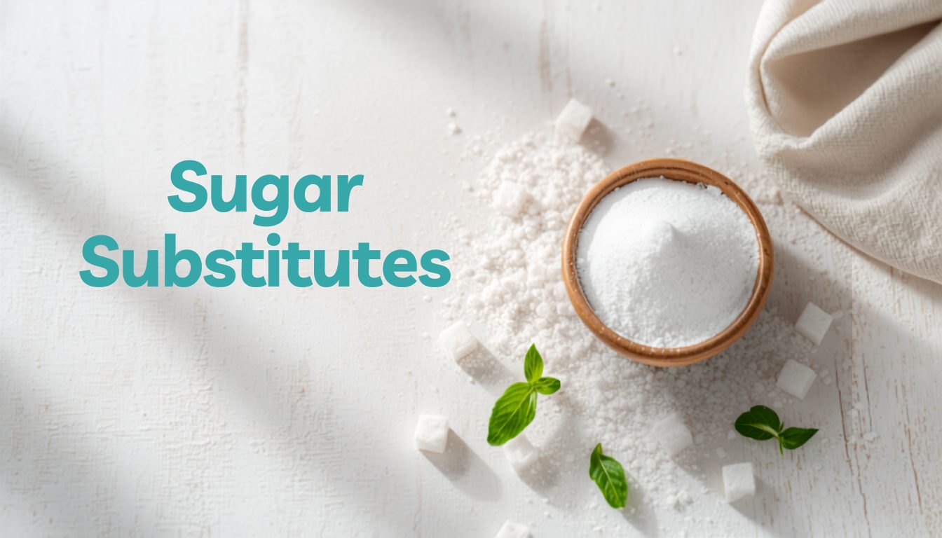 Sugar substitutes: sweetener bowl and stevia leaves