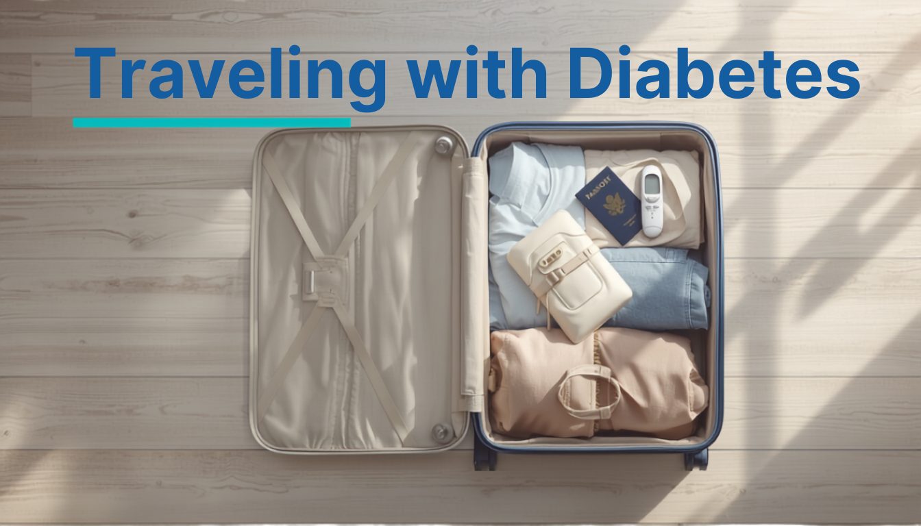 Suitcase packed with diabetes travel supplies and passport