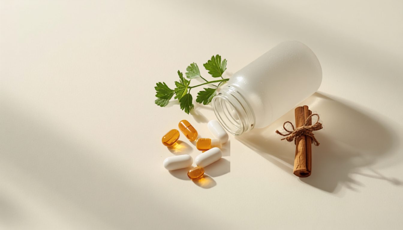 Dietary supplement capsules spilling from a bottle with cinnamon and green herbs
