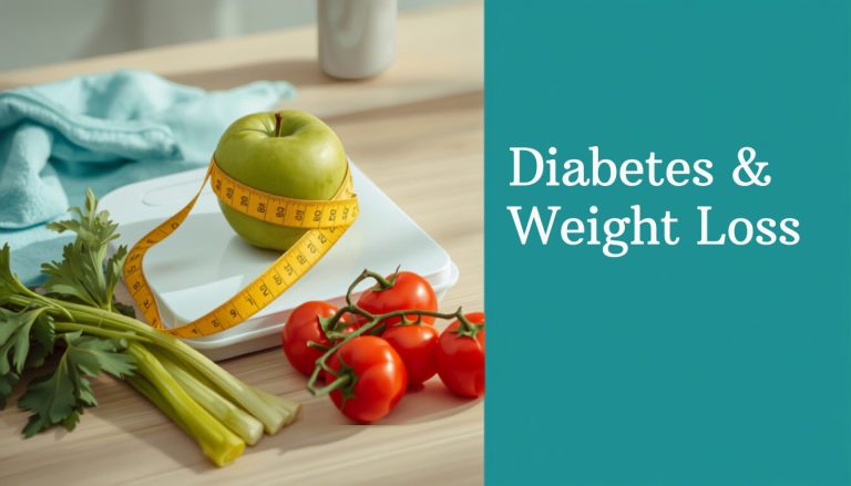 Diabetes and weight loss - apple, measuring tape and scale