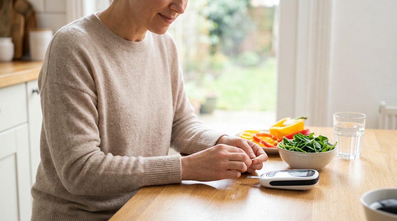A person checks blood glucose with a glucose meter at a kitchen table with fresh vegetables