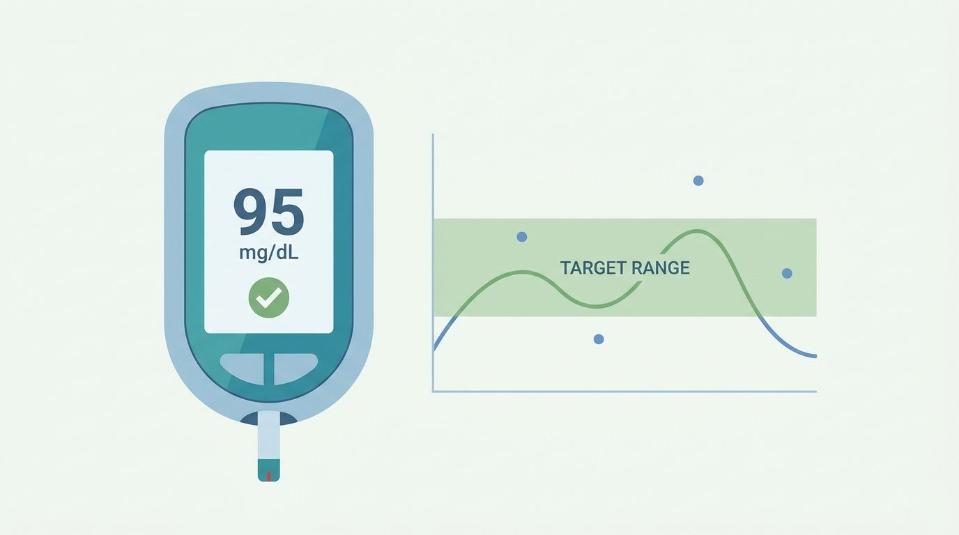 Glucose meter showing 95 mg per dL with a chart of a healthy target range