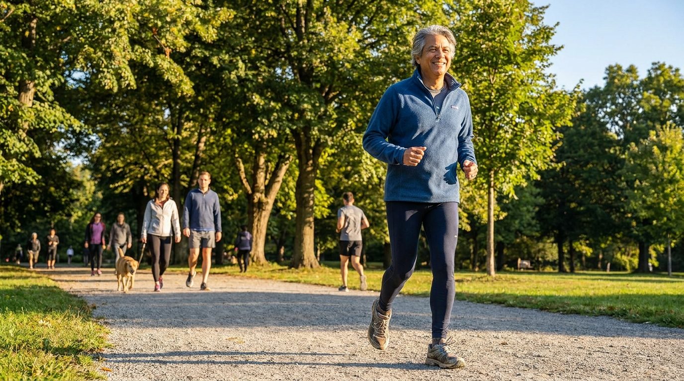 A person walking briskly in a sunny park, an activity that helps prevent type 2 diabetes