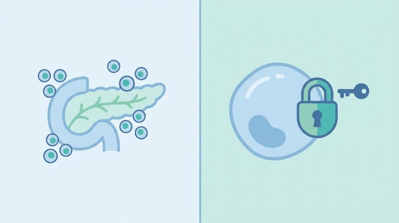 Illustration comparing autoimmune attack on the pancreas and insulin resistance in a cell