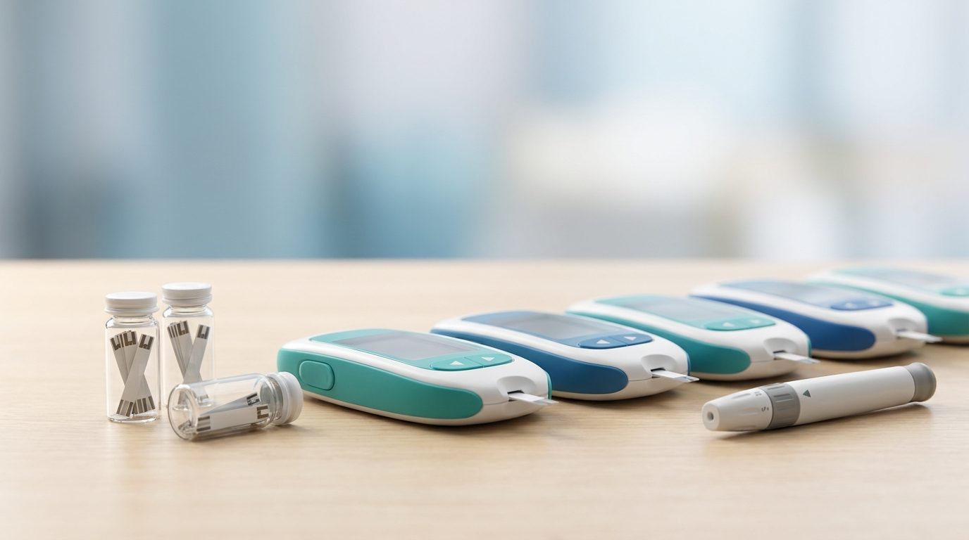Several modern blood glucose meters with test strips and a lancet pen on a table