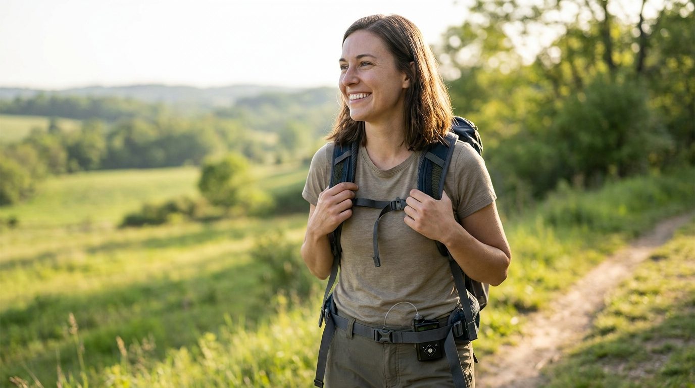 Young adult outdoors wearing an insulin pump