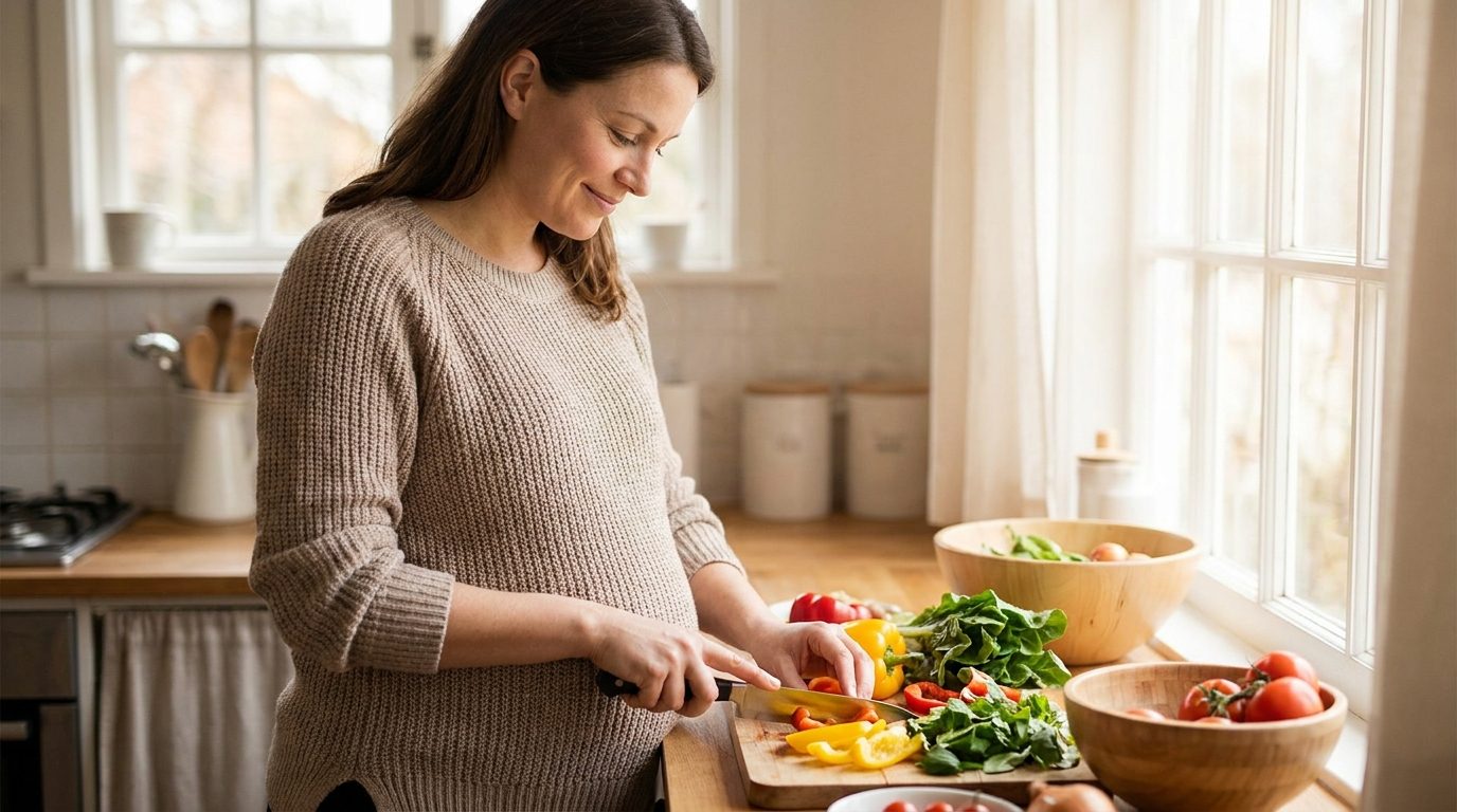 Pregnant woman preparing a healthy salad in a bright kitchen