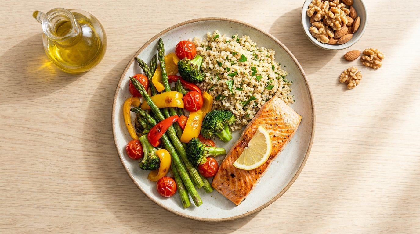 Balanced plate with vegetables, salmon and quinoa for diabetes-friendly eating