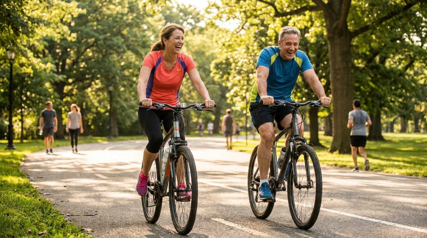 A couple cycling on a sunny park path, staying active with diabetes