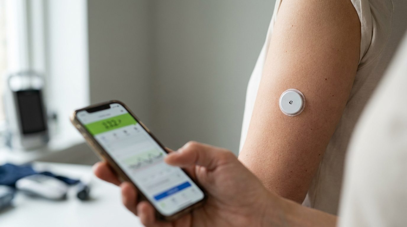 Close-up of a continuous glucose monitor sensor on an upper arm with a phone app