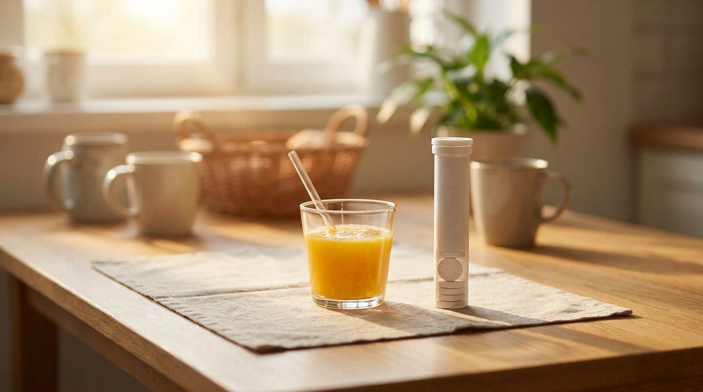 Glass of orange juice and glucose tablets on a kitchen table for treating hypoglycemia