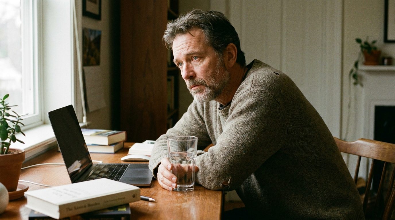Tired man drinking a large glass of water at a desk