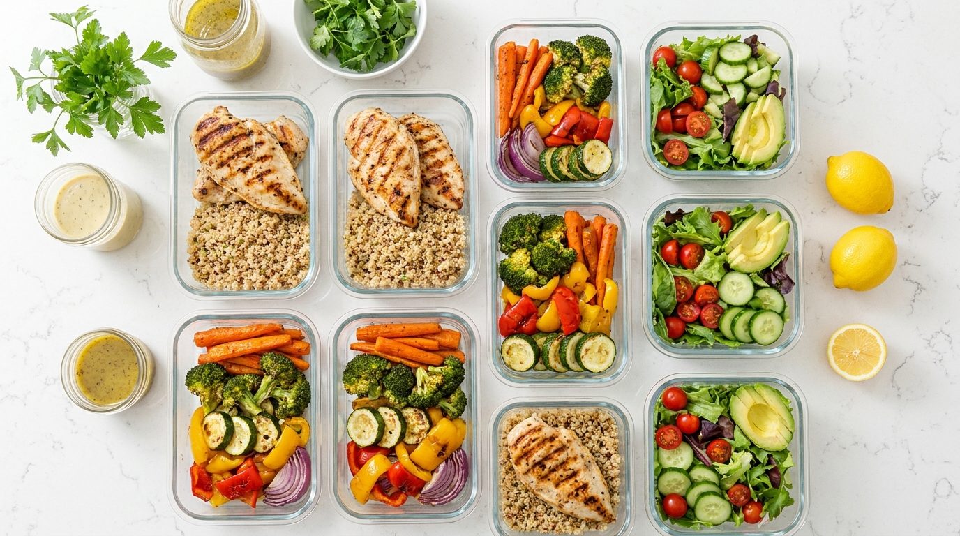 Glass containers of balanced healthy meal prep on a kitchen counter