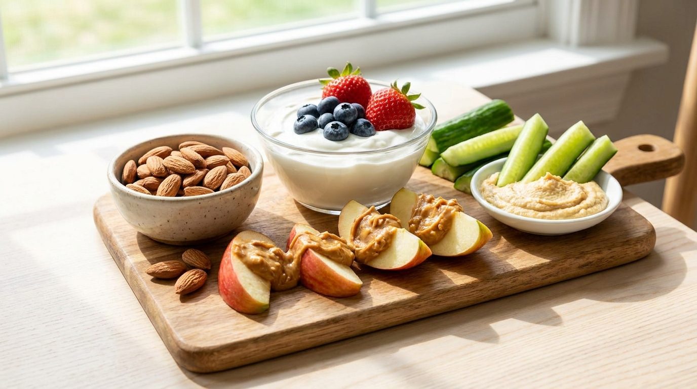 Board of healthy snacks: almonds, Greek yogurt with berries, apple slices and hummus