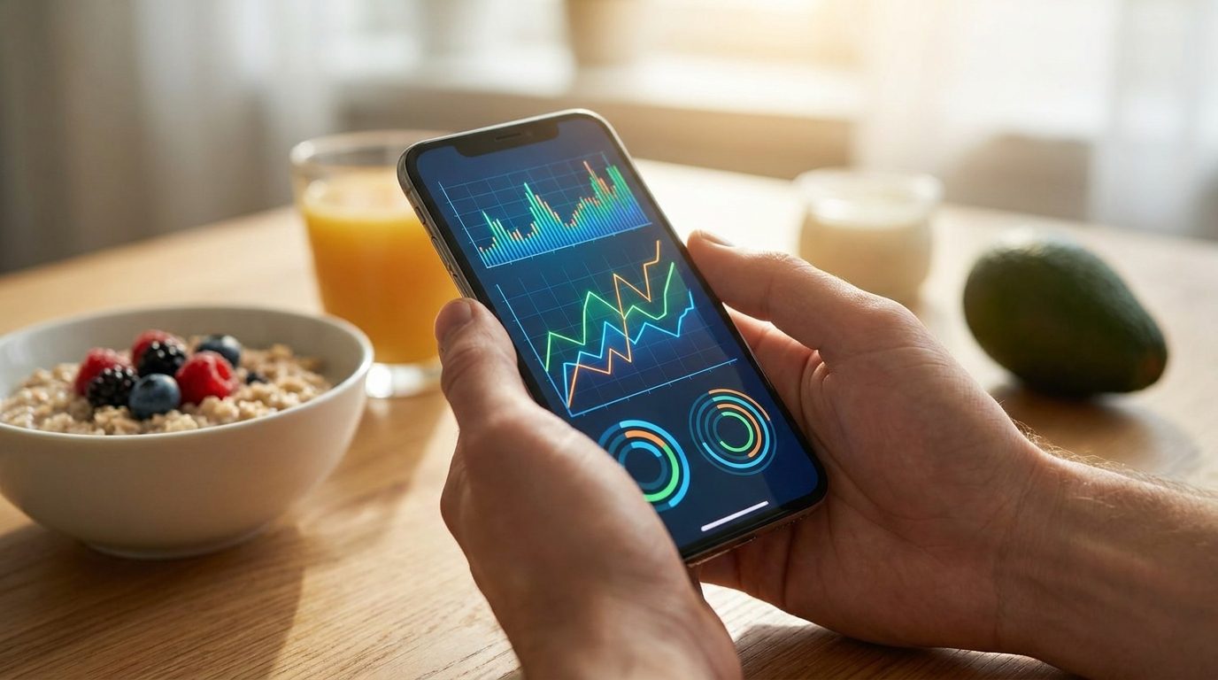 Hands holding a smartphone showing a health tracking app with charts